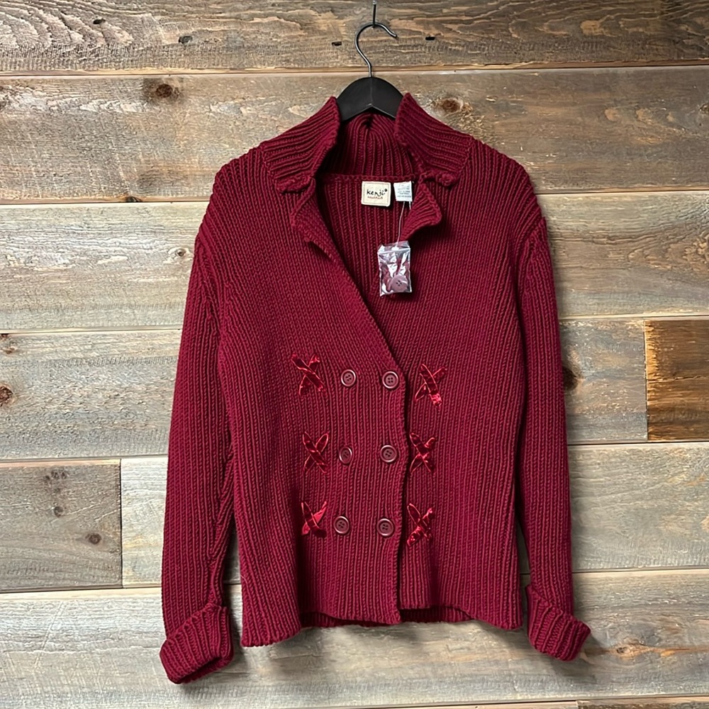Kenji Hand Knit Chunky Sweater Cable knit Cardigan Bows Large NWT